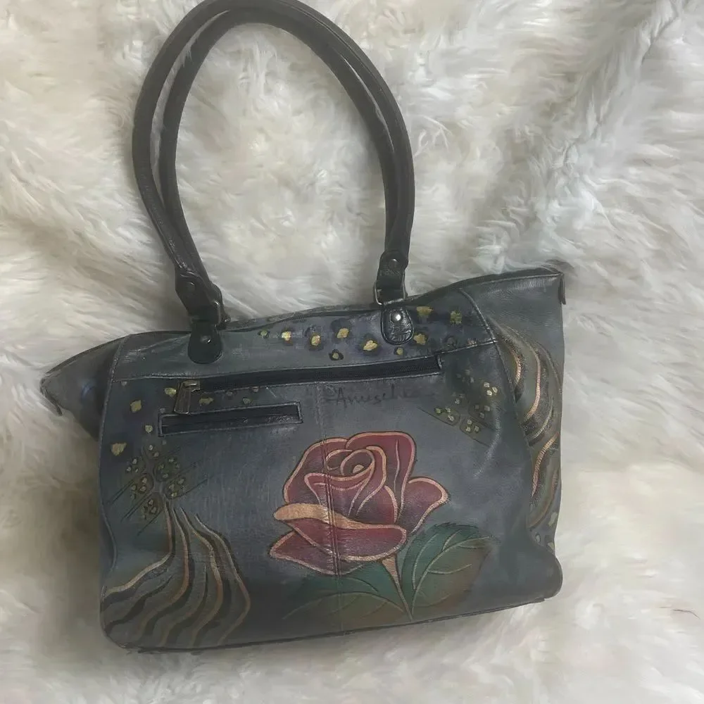 Hand-Painted Floral Leather Tote Bag - Gray
